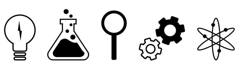 Set of Science icons: bulb lamp, glass flask, magnifying glass, gears and atomic model, on transparent background, flat line design, vector illustration
