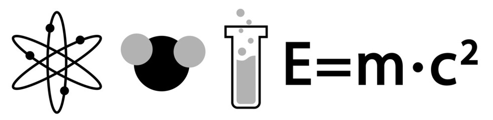 Set of Science concepts icons: atomic model, molecular model, glass test tube and equation of relativity theory, on transparent background, flat line design, vector illustration