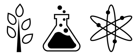 Set of Science icons: tree branch, glass flask and atomic model, on transparent background, flat line design, vector illustration