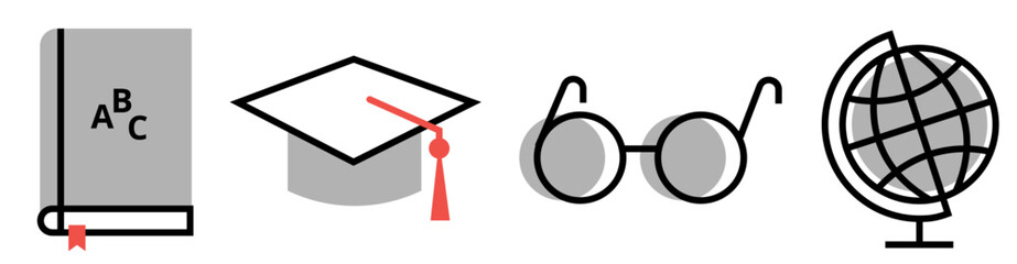 Set of Education icons: close book, mortarboard, eyeglasses and earth globe, on transparent background, flat line design, vector illustration