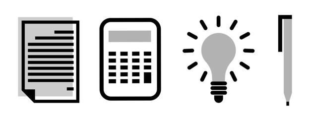 Set of Business icons: document, calculator, bulb lamp as idea symbol and pen, on transparent background, flat line design, vector illustration