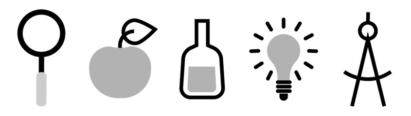 Set of Education icons: magnifying glass, apple fruit, bottle, bulb lamp and divider compass, on transparent background, flat line design, vector illustration