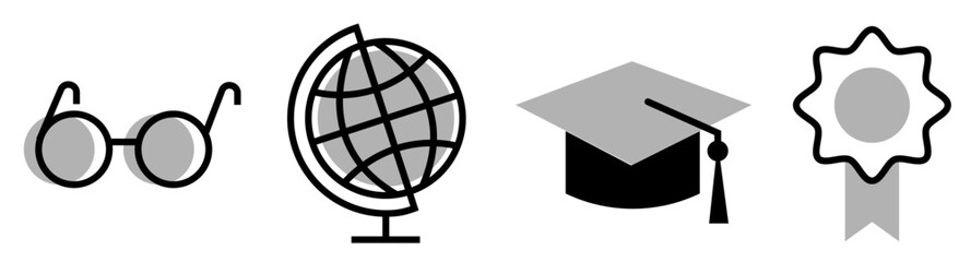Set of Education icons: eyeglasses, earth globe, mortarboard and certificate ribbon, on transparent background, flat line design, vector illustration