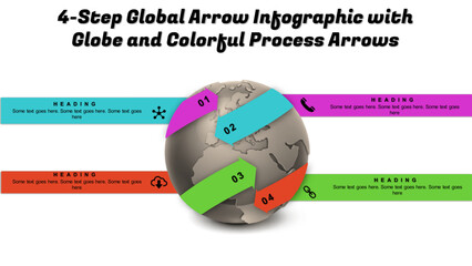 4-Step Global Arrow Infographic with Globe and Colorful Process Arrows. Fully editable vector SVG file compatible with PowerPoint, Illustrator, and most vector-based applications.