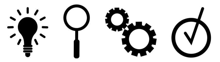 Set of Education icons: bulb lamp, magnifying glass, gears and approved sign, on transparent background, flat line design, vector illustration