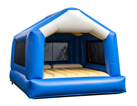 A vibrant blue and white inflatable tent offers a cozy and comfortable temporary sleeping solution.