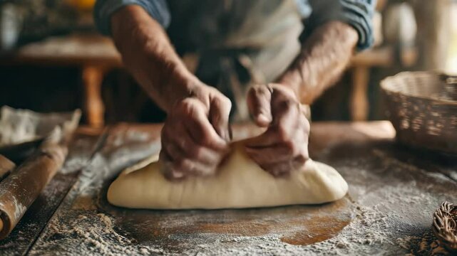 Artisan baker kneading flour dough on rustic wooden table. Authenticity and dedication of handmade baking in a cozy, rustic environment.