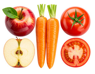 Naklejka premium Minimalist Group of Whole and Sliced Fruits & Veggies, Iconic Composition, PNG