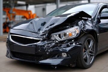 Car with severe damage from a collision parked in an industrial area with construction equipment nearby