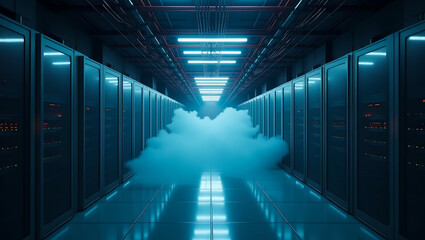 Futuristic Server Room with Neon Blue Lighting and Data Cloud