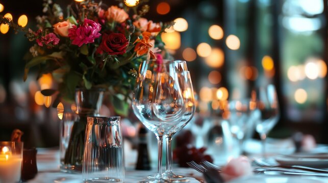 Elegant dinner table setting with floral centerpiece and glowing ambient lights in a cozy restaurant during evening hours