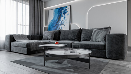 Modern living room interior with a dark velvet sectional sofa, minimalist LED wall design, marble coffee tables, and a bold orange accent chair. Natural light flows through sheer curtains, enhancing t