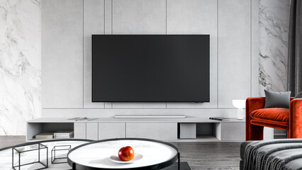 Modern living room interior with a dark velvet sectional sofa, minimalist LED wall design, marble coffee tables, and a bold orange accent chair. Natural light flows through sheer curtains, enhancing t