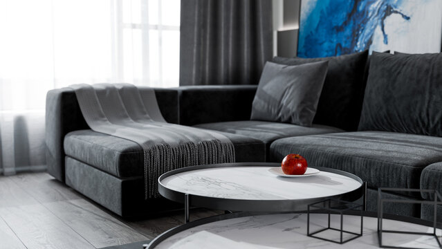 Modern living room interior with a dark velvet sectional sofa, minimalist LED wall design, marble coffee tables, and a bold orange accent chair. Natural light flows through sheer curtains, enhancing t