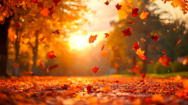 Autumn background with blurred autumn leaves on trees and falling leaves in a park at sunset. Autumn natural landscape with copy space