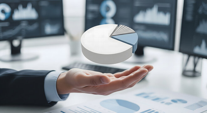 Palm-up hand holding floating 3D pie chart section symbolizing analytics, data visualization, and statistics, clean blurred workspace background, modern concept