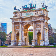 Fototapeta premium Arco della Pace the grand triumphal arch located at the center of Piazza Sempione in Milan, Italy