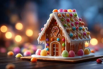 Festive gingerbread house adorned with colorful candies and icing, illuminated by warm lights during the holiday season
