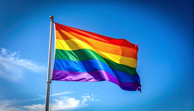 Rainbow Pride Flag Waving Against Blue Sky, Symbol of Love and Equa...