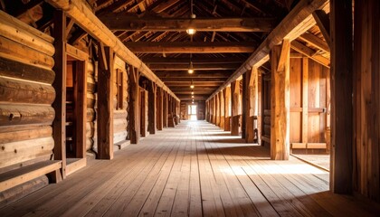 Fototapeta premium Rustic Log Cabin Hallway with Warm Sunlight and Wood Beams