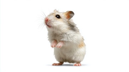 Adorable standing hamster, looking up with curiosity on a white background. The small rodent has a cute and curious expression.