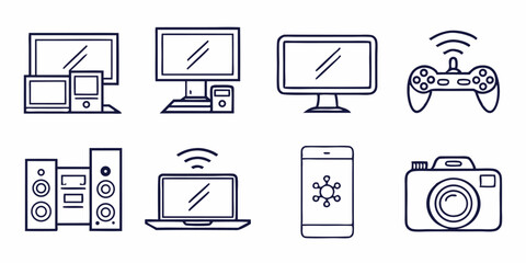 Devices set of web icons in line style. Electronic devices and gadgets icons for web and mobile app. Smart devices, technology, computer monitor, smartphone, tablet, laptop, drone. 