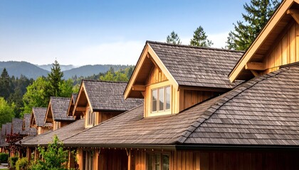 Obraz premium Rustic Wooden Chalets With Shingled Roofs in Lush Green Hills