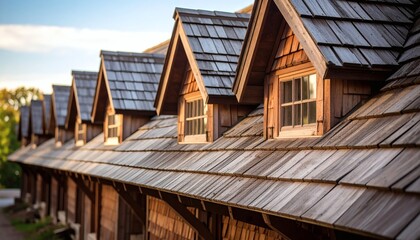Rustic Wooden Roof with Dormer Windows at Sunset