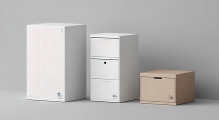 Three minimalist storage units; tall white box with subtle pattern, three-drawer white cabinet, small beige box
