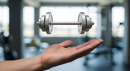 Fototapeta premium Hand with palm up holding floating 3D barbell icon symbolizing fitness, strength, or gym motivation, blurred gym background, modern active lifestyle concept