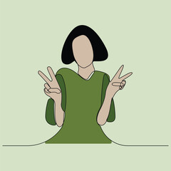 Young girl showing victory hand sign continuous line art drawing. Girl showing victory sign. Vector illustration
