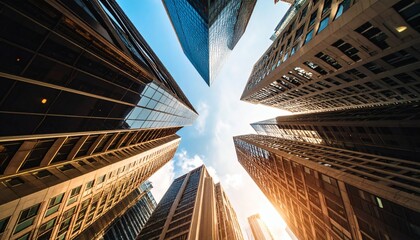 Skyscraper Vortex: Upward View of Modern City Architecture in Sunlight