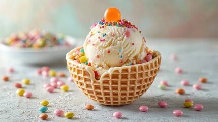 Obraz premium Vanilla ice cream sundae in waffle bowl on light background. Possible use Dessert stock photo