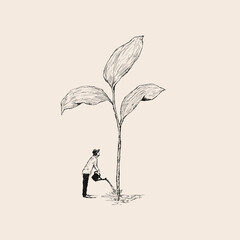Illustration of business man watering a big bud, surreal abstract gardening concept