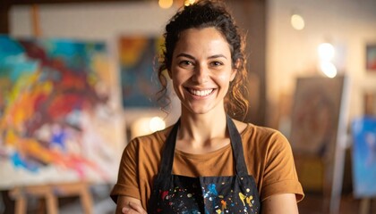 Smiling Artist with Paint Splattered Apron in Studio