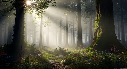 Fototapeta premium Sunbeams illuminate a mystical forest path, dappled light filtering through dense trees and misty air, revealing vibrant flora.