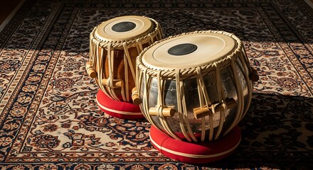 Indian tabla drums on patterned rug