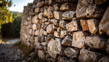 Textured Stone Wall Pathway in Sunlight - Rustic Nature Background