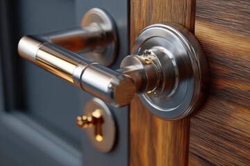 Obraz premium Detailed view of a modern door handle on a wooden door showing intricate design and materials
