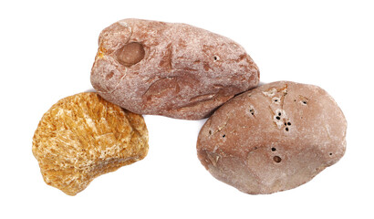 colorful beach stones isolated on white background, top view