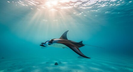 Fototapeta premium Manta ray gracefully swims underwater, illuminated by sunlight filtering through the ocean's surface.