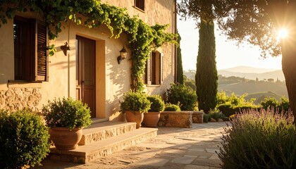 Tuscan Villa Courtyard at Sunset with Cypress Trees and Lavender