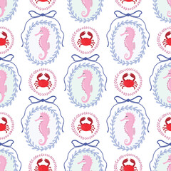 Summer marine seamless pattern with crabs and seahorses in decorative frames, coquette bows, wallpaper print, retro style background