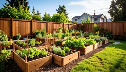 Vibrant Raised Bed Garden with Fresh Produce and Lush Greenery