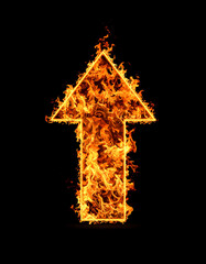 Burning arrow pointing up isolated on black backdrop. 3D rendering.