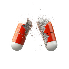 Red and White Capsule Breaking Open, Revealing Pill Contents, Illustrating Medicine and Health Concepts in Pharmaceutical Industry