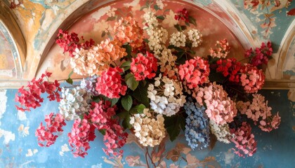 Vintage Hydrangea Bouquet on Faded Mural Background