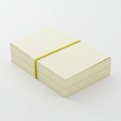 Neatly stacked blank cream-colored sheets of paper held together by a yellow rubber band on a white background.