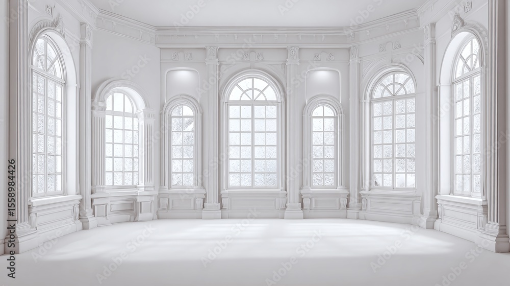 Poster bright white room with arched windows. classic architectural design elements create a simple yet ele