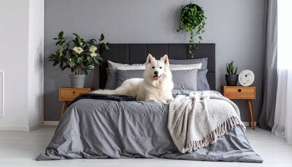 White Samoyed Dog Relaxing on a Cozy Bed with Plants in Modern Bedroom